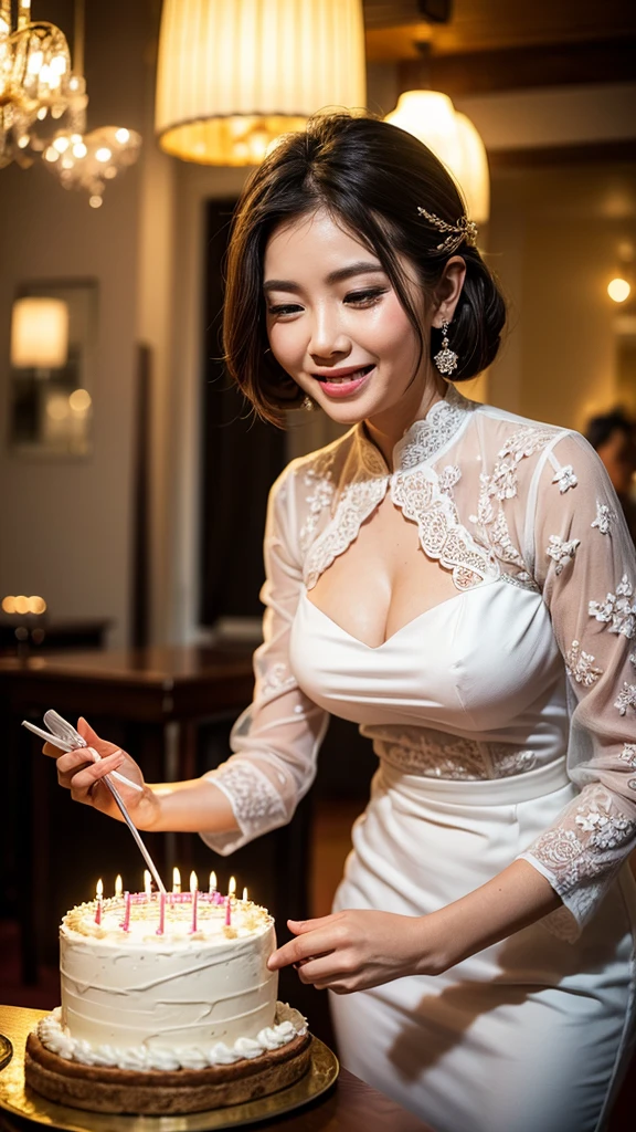 Woman in kebaya smiling blowing out candles from birthday cake. In front of the woman there was a birthday cake