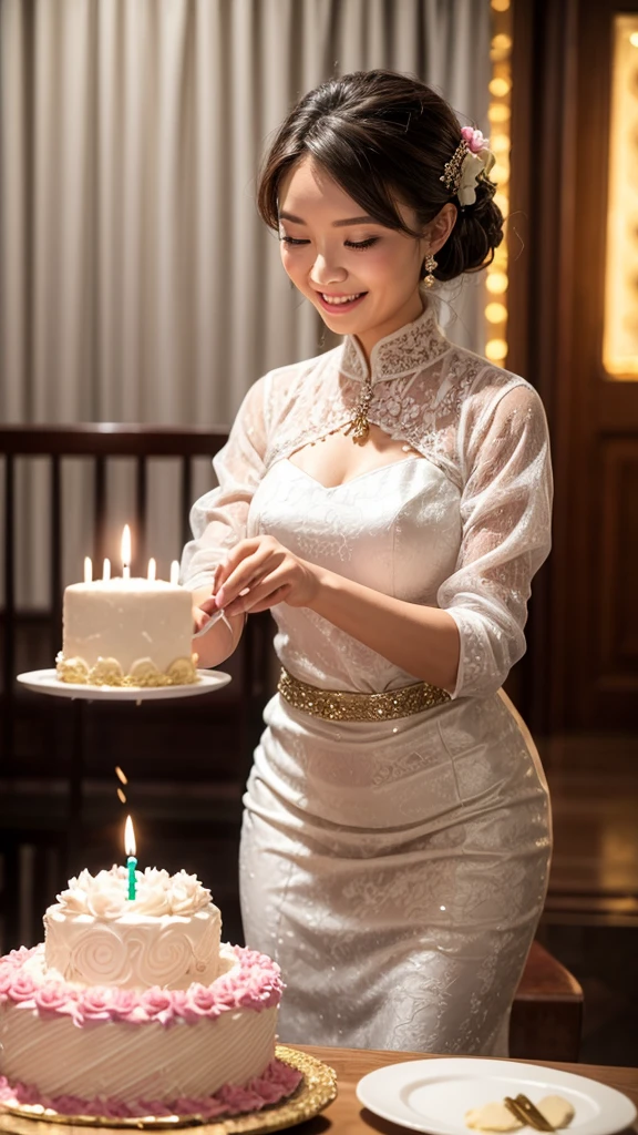 Woman in kebaya smiling blowing out candles from birthday cake. In front of the woman there was a birthday cake