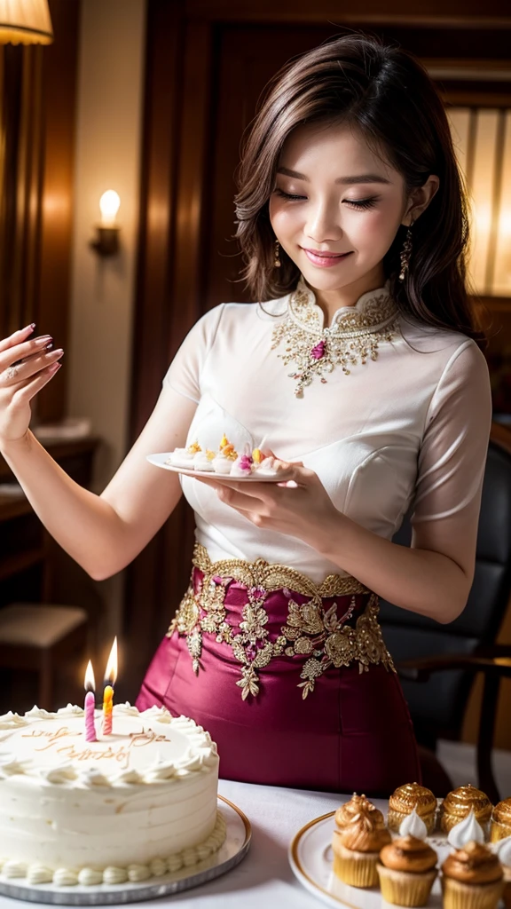 Woman in kebaya smiling blowing out candles from birthday cake. In front of the woman there was a birthday cake
