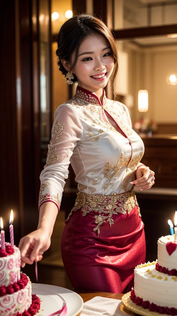 Woman in kebaya smiling blowing out candles from birthday cake. In front of the woman there was a birthday cake