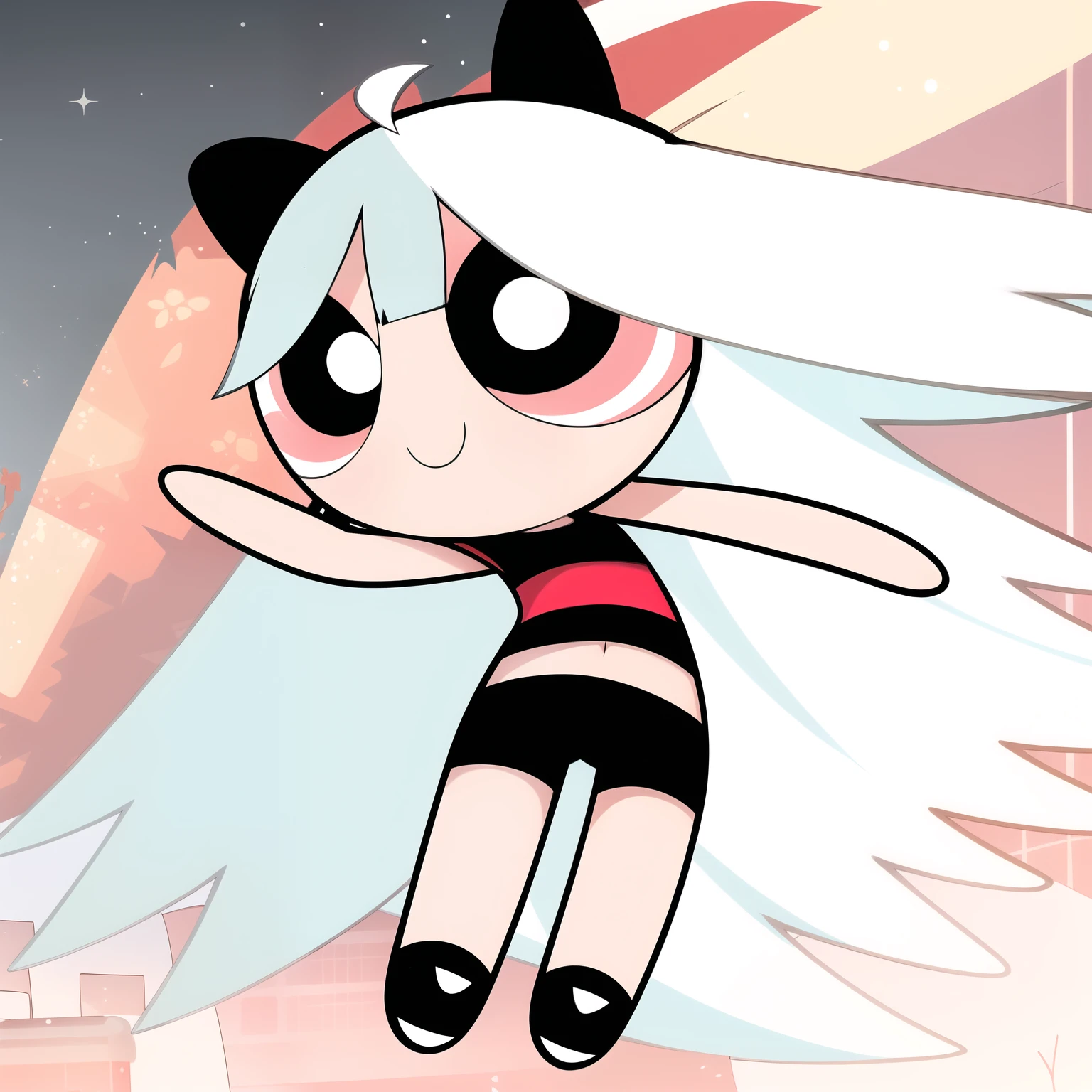 ((( white long hair,))) smile,chibi, full body,1girl, pinkish red eyes, Black short-sleeved shirt showing off your stomach, black shorts