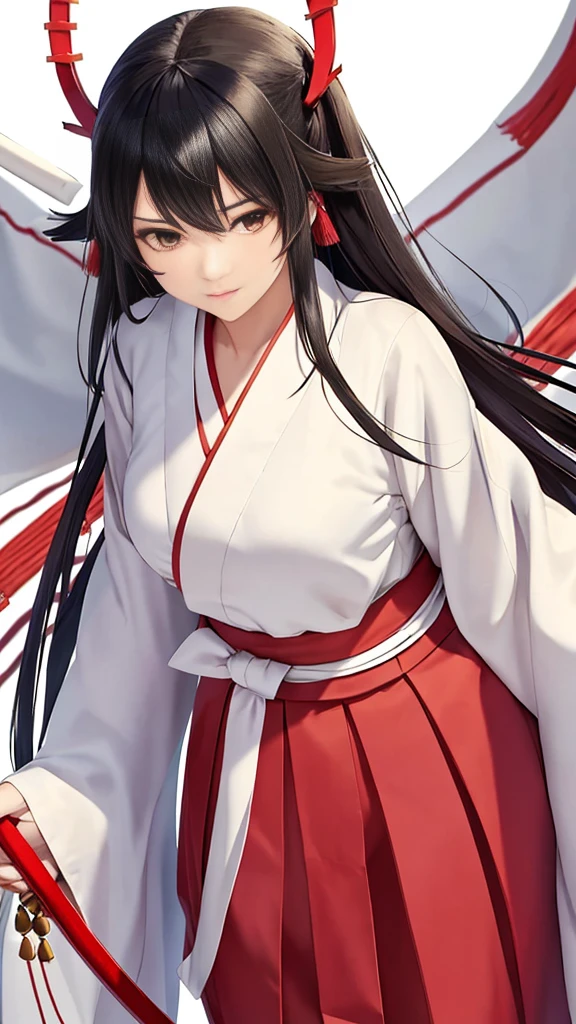 The image shows an illustrated character, likely from an anime or manga. The character has long dark hair and is wearing a traditional shrine maiden (miko) outfit, consisting of a white top (haori) with red accents and a red skirt (hakama). The character is holding what appears to be a bow without the string, and there are white ribbon-like effects surrounding the character, suggesting movement or a magical element. The face of the character has been pixelated to obscure it. The character has no accessories. Please create the new illustration in a soft, pencil-drawn style based on this description.