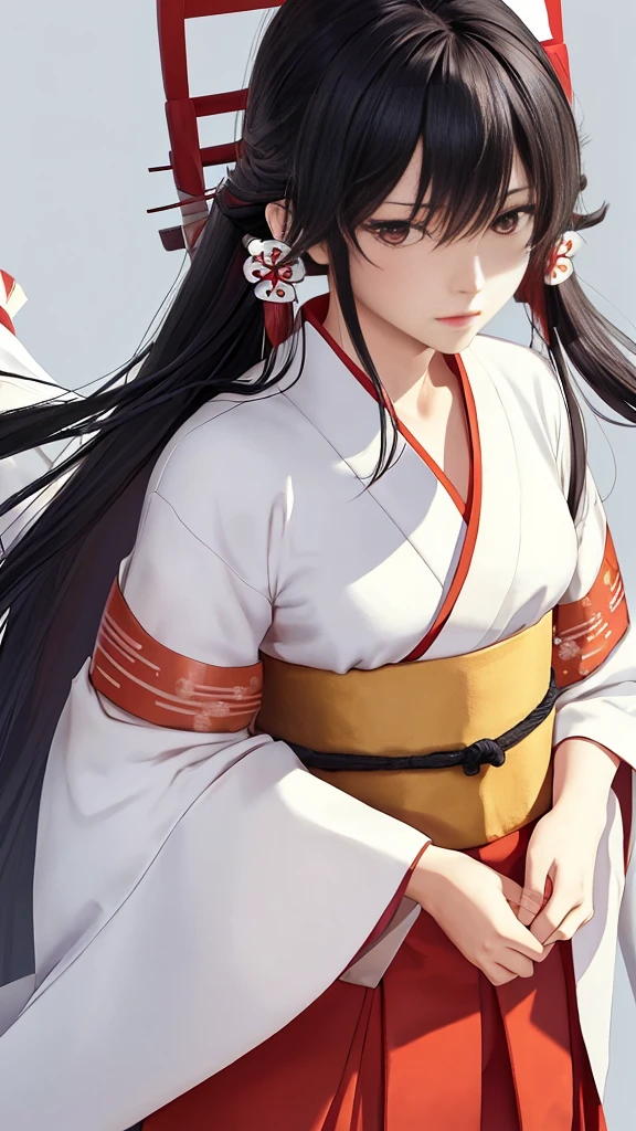 The image shows an illustrated character, likely from an anime or manga. The character has long dark hair and is wearing a traditional shrine maiden (miko) outfit, consisting of a white top (haori) with red accents and a red skirt (hakama). The character is holding what appears to be a bow without the string, and there are white ribbon-like effects surrounding the character, suggesting movement or a magical element. The face of the character has been pixelated to obscure it. The character has no accessories. Please create the new illustration in a soft, pencil-drawn style based on this description.