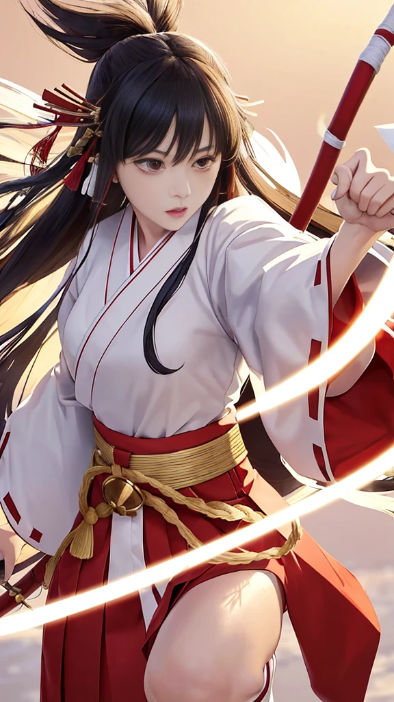 The image shows an illustrated character, likely from an anime or manga. The character has long dark hair and is wearing a traditional shrine maiden (miko) outfit, consisting of a white top (haori) with red accents and a red skirt (hakama). The character is holding what appears to be a bow without the string, and there are white ribbon-like effects surrounding the character, suggesting movement or a magical element. The face of the character has been pixelated to obscure it. The character has no accessories. Please create the new illustration in a soft, pencil-drawn style based on this description.