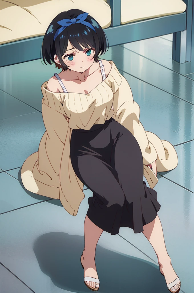 ((best quality)), ((masterpiece)), (detailed), 1girl, off-shoulder sweater, ruka sarashina asleep standing up, bikini, eyes closed, full body