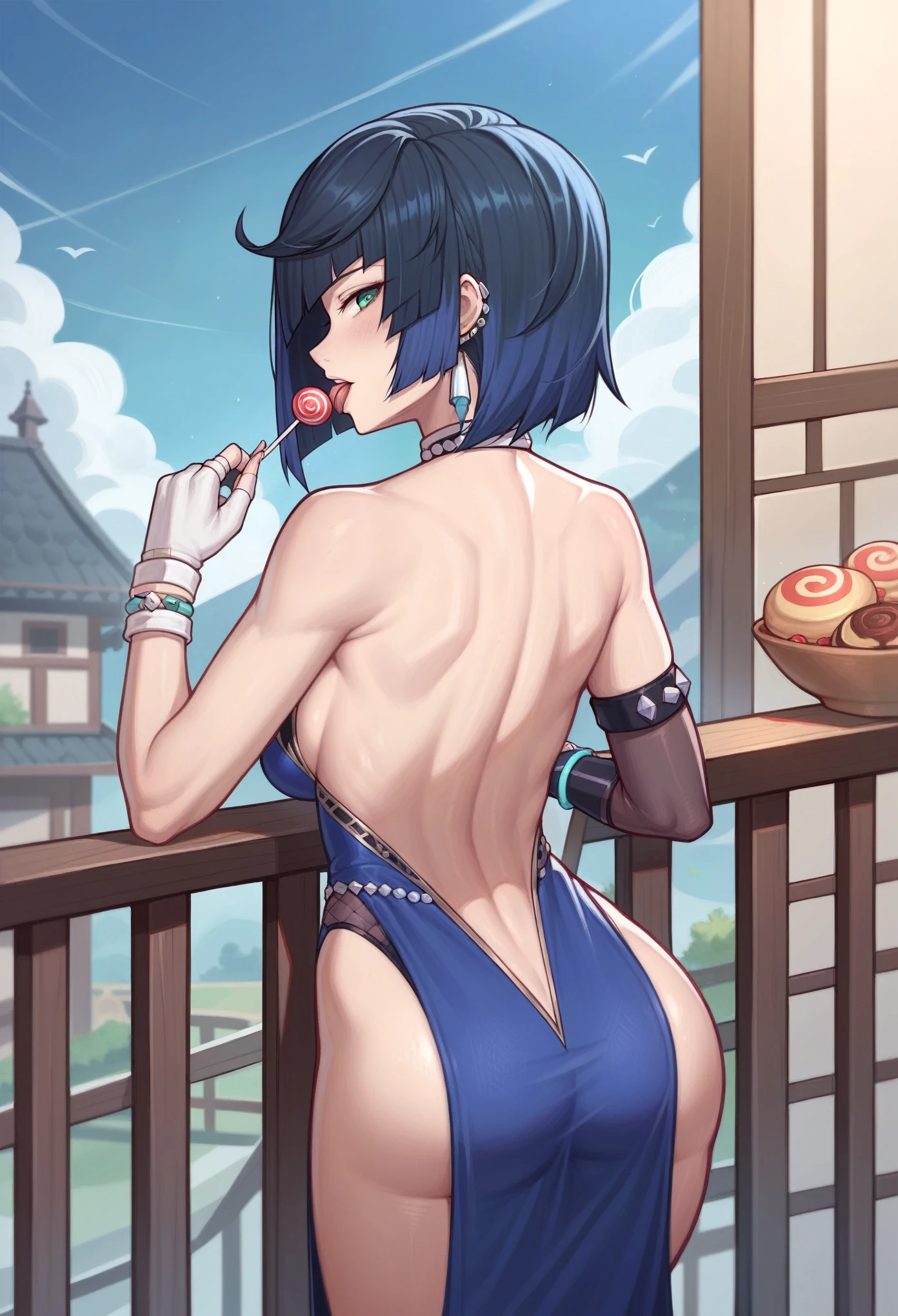 _asura style, 1girl, solo, food, yelan_(genshin_impact), candy, backless_outfit, lollipop, gloves, bare_back, blue_hair, looking_at_viewer, short_hair, back, ass, licking, green_eyes, breasts, tongue, fingerless_gloves, bare_shoulders, tongue_out, bangs, looking_back, holding, elbow_gloves, open_mouth, holding_food, from_behind, backless_dress, railing, cowboy_shot, dress, blush, white_gloves, shoulder_blades, bob_cut