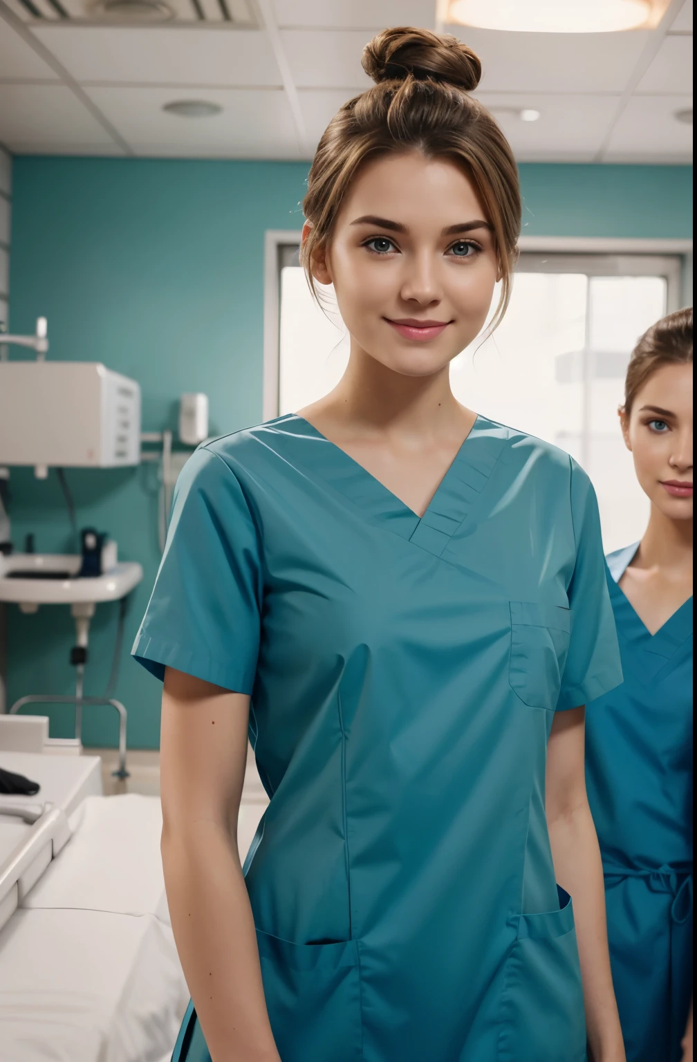 Ultra realistic, Cinematic, team of 3 surgical nurses, 3 swedish teeanger girls, blonde hair all girls standing, working in surgery, 17 years old,  body, pale skin, beautiful face, big smile, detailed face, ultra soft and ultra light slight small teal women hospital scrubs, teal hospital scrubs, wide angle showing full body,  hospital ward, people, bokeh, short hair tied up as hair bun / Chignon
