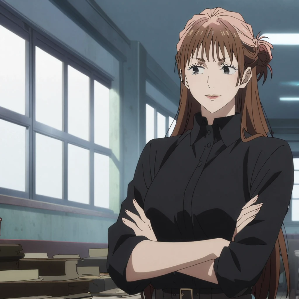 1girl, female gojo satoru, anime screencap from jujutsu kaisen, gojo satoru female version, solo, long_hair, black eyes, ((brown_hair)), window, breasts, upper_body, smile, indoors, book, bangs, black_eyes, lips, ((her hairstyle : The character in the image has long straight brown hair)) wearing black colour collared outfit, breast, "very detailed and high resolution" (black eyes) ((cross arms)) ((long hair))