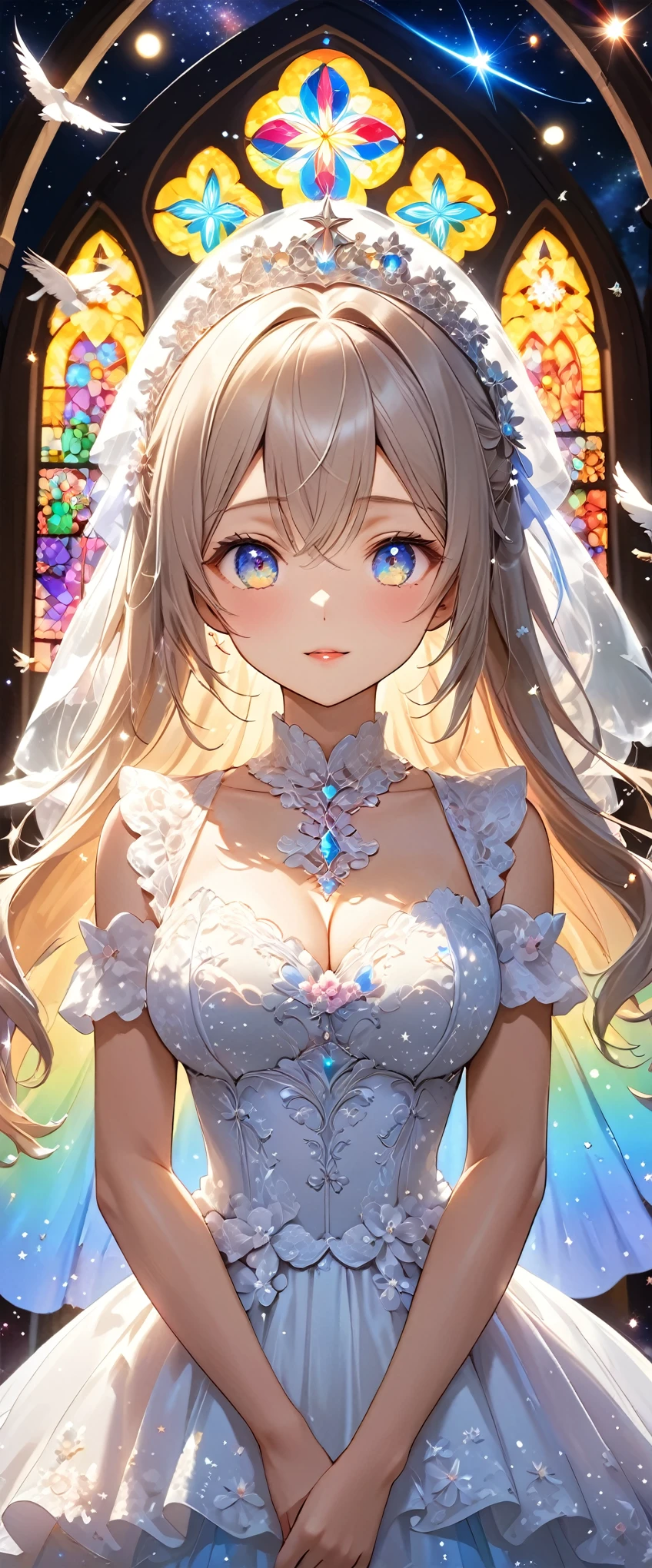 High resolution, highest quality, super high quality, super detailed, cinematic lighting、white church、wedding bikini、small white panties、laughter、blonde、big breasts、big exposed chest、