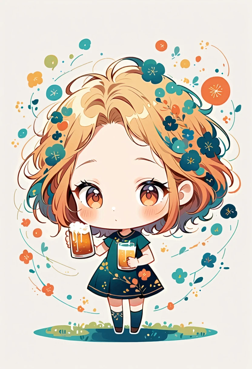 Yumu style, standing in the middle of a tree-lined street, girl holding up a beer mug, simple line initials, abstract art, rural tree-lined background, (((most beautiful girl))), (((chibi))))