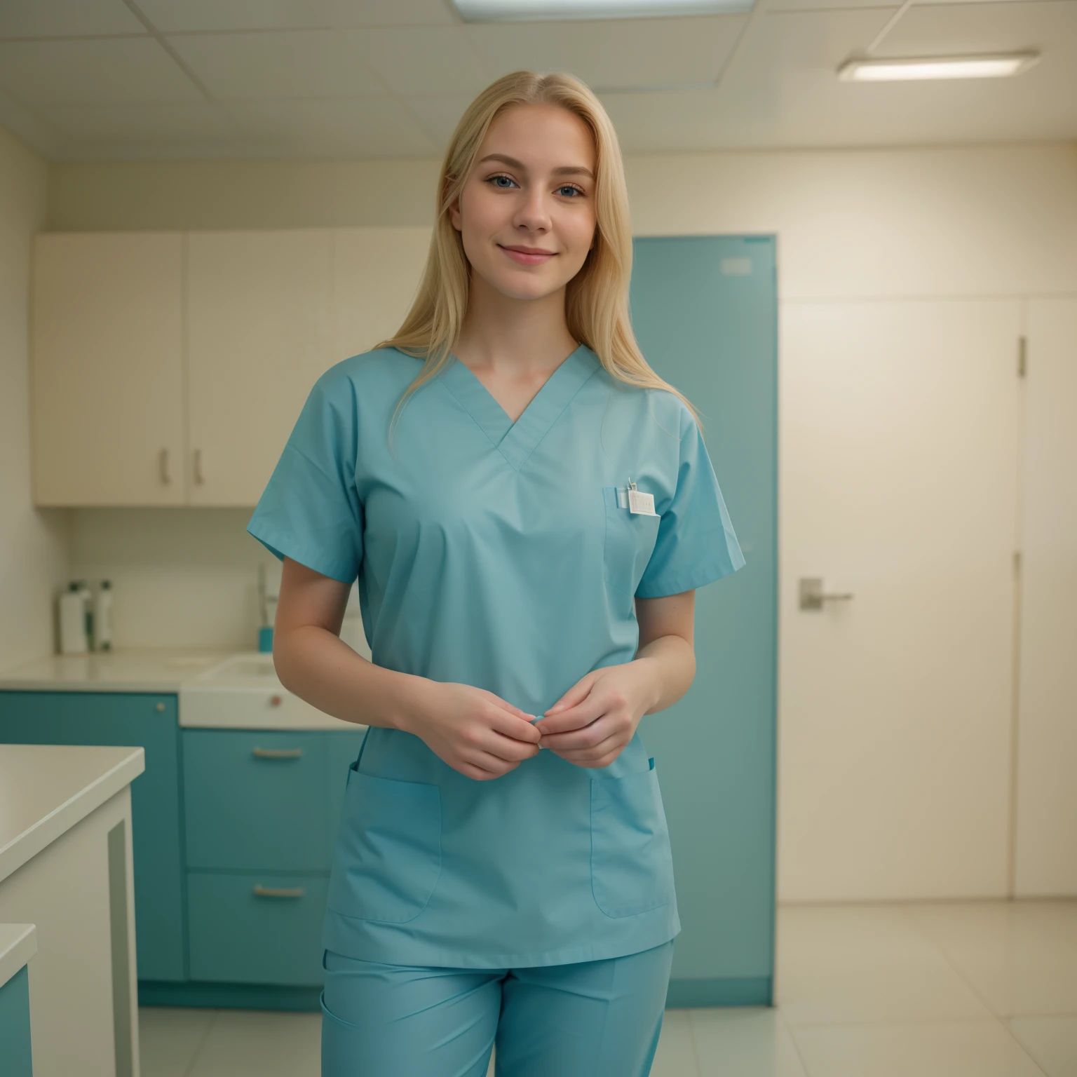 A Realistic Portrait, of a tenager girl, (lady oscar), as surgical nurse, blonde hair, , Beautiful, detailed face, detailed eyes, (realistic skin:1.3), (pale skin:1.1), (textured skin:1.3), (()), big smile, (iphone photograph), (perfect small breasts:1.1), wearing teal surgical scrubs), (artificial lighting:1.3), looking at the camera, perfect slim body, amateur Photography, Photorealistic, Detailed, analog, poor quality, grainy,, wide angle, showing full body, standing in operation room, wearing long surgical scrubs, non-nude, all body parts covered by teal scrub uniform