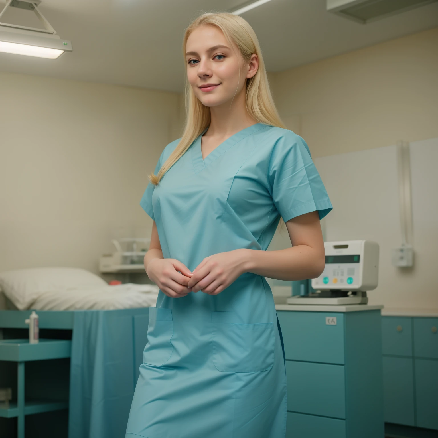 A Realistic Portrait, of a tenager girl, (lady oscar), as surgical nurse, blonde hair, , Beautiful, detailed face, detailed eyes, (realistic skin:1.3), (pale skin:1.1), (textured skin:1.3), (()), big smile, (iphone photograph), (perfect small breasts:1.1), wearing teal surgical scrubs), (artificial lighting:1.3), looking at the camera, perfect slim body, amateur Photography, Photorealistic, Detailed, analog, poor quality, grainy,, wide angle, showing full body, standing in operation room, wearing long surgical scrubs, non-nude, all body parts covered by teal scrub uniform
