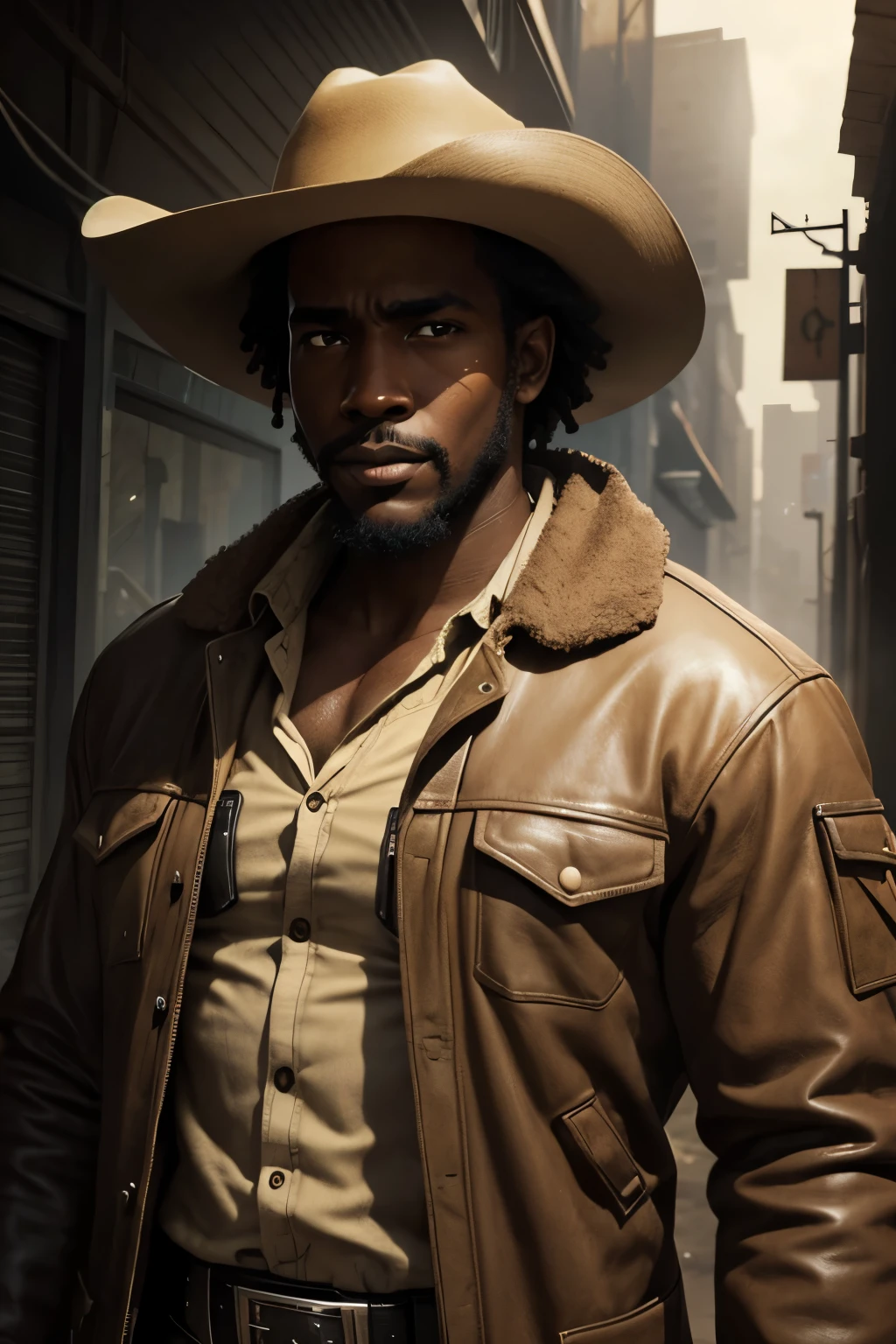 A friendly black man. Narrow face. Kind. Shaved. Wearing a cowboy hat and a long beige duster. In an postapocalyptic world.