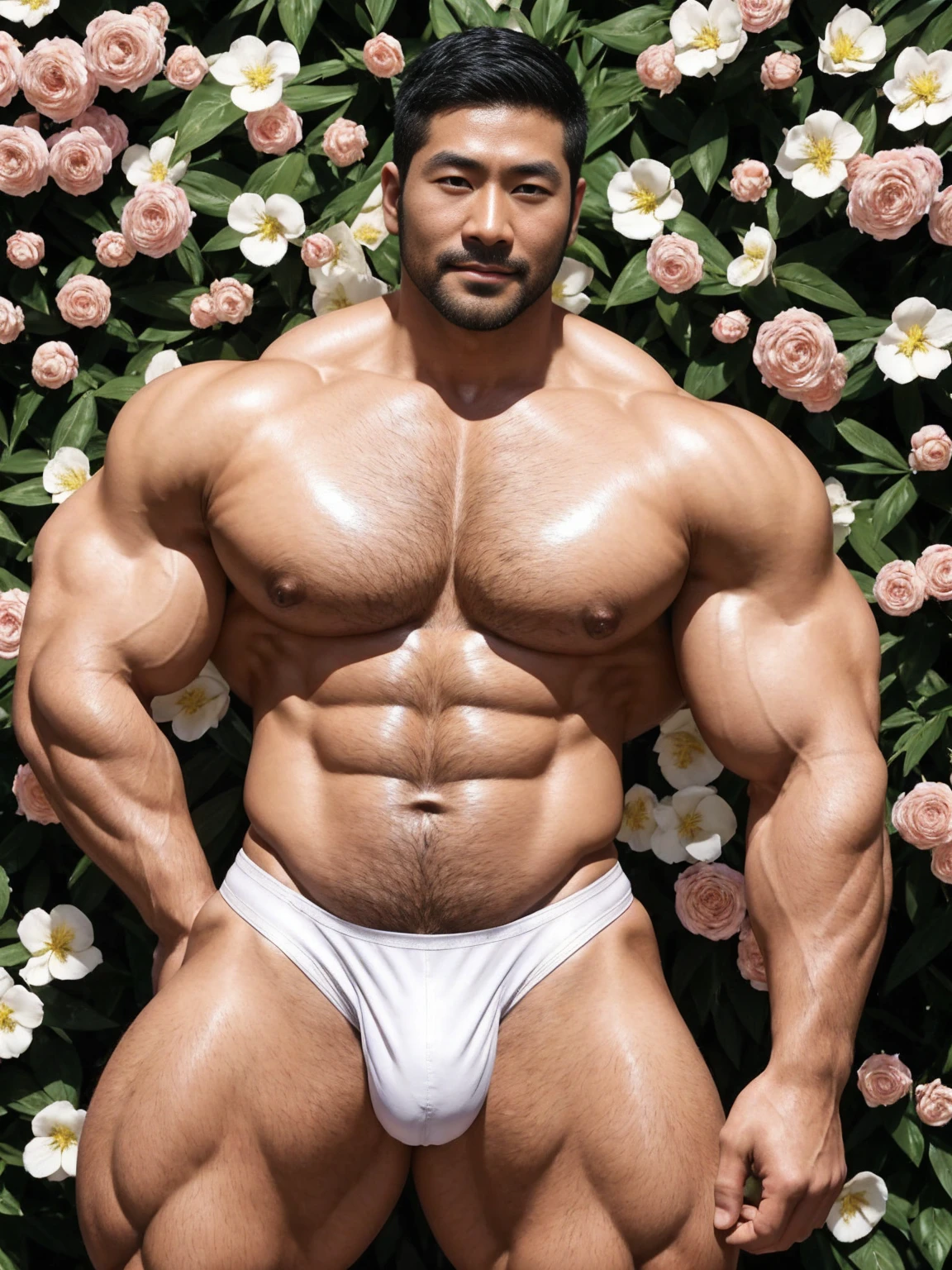 There is only one handsome Asian actor in the photo，35 years old，High target, Fitness，short hair, O-Shaped Beard，Perfect body, Dark skin color，Radiant Skin，Smooth skin，Shiny, shiny skin，Smooth pectoral muscles，No chest hair，No body hair，Muscle bulge, muscular, Very large pectoral muscles，Very sexy abdominal muscles，Very well-developed leg muscles，Huge concave and convex area，Brightens oily skin，Wearing a white leather shiny thong，Handsome face， Correct and accurate male body proportions, Wear white socks，Put your hands behind your back，Stand among the flowers，Flowers bloom all around。
