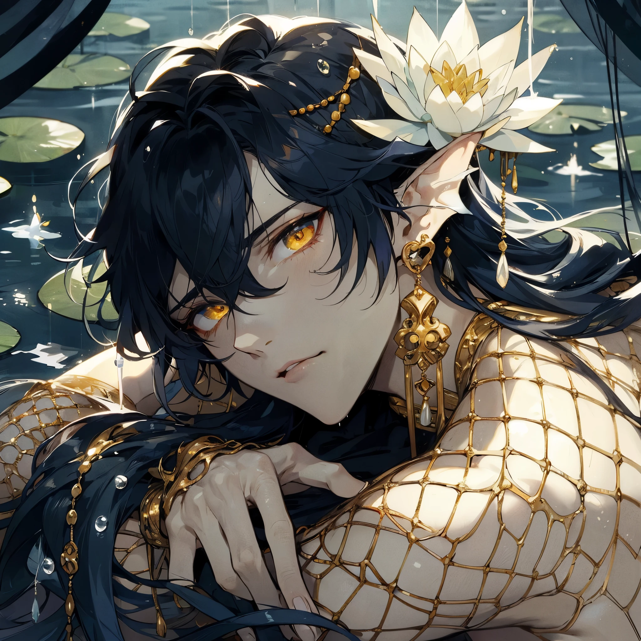 Male Anime style, semi realistic, Male, fins for ears, golden jewelry hanging from ears, fishnet like drapery see through fabric, wet messy dark blue hair, sultry half-lidded golden siren eyes, water lily on lily pad on head, Unnaturally sluty narrow waist for male, water lily in hair, big plump full lips, sickly pale, hollow cheeks, sunken eyes, very skinny, feet jewelry, black fingers long black nails, siren eyes, large black spine protruding from back, lankey limbs, long limbs, 3 and a 1/2 foot long eel like scaled tail with a a 2 foot wide fin,sexy pose, lewd expression, sexual pose and expression, full male body