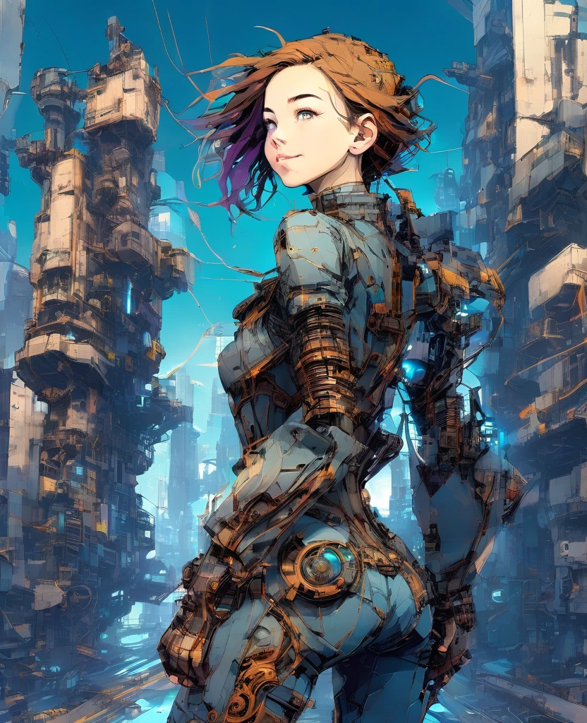 Ultra high-resolution masterpiece, best quality, ultra-detailed representation , ((a girl wearing large mecha-arm and mecha-suit)), cute,(girl,12yo,detailed face,(darkblue wavy-short hair),parallel eyebrows,small breasts),as she protects the city. The girl should have a brave and determined expression. The background should depict a steampunk cityscape with steam engines and gears. The mecha-arm and mecha-suit should have intricate mechanical details, and visible steam emissions,set in a steampunk world,BREAK.,smile,tween,dynamic pose,glamorous,
