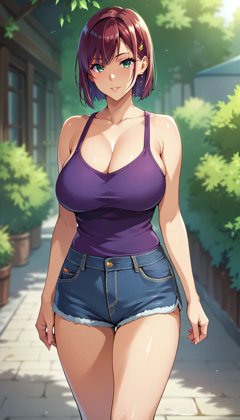 (masterpiece, best quality, ultra-detailed, high resolution, detailed eyes), takeda hiromitsu style, 1woman, (40 years old), solo, large breast, cowboy shot, standing, voluptuous body, casual clothes