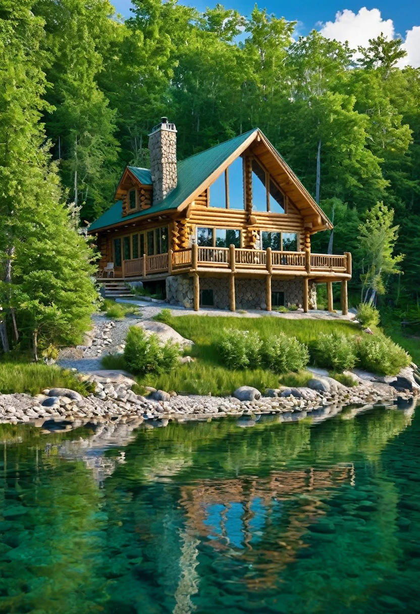 A stunning log cabin, nestled on a secluded lakeshore, exudes an air of rustic luxury. The cabin's warm wood exterior blends seamlessly with the surrounding nature, creating a sense of harmony and tranquility. The crystal-clear lake reflects the sky, creating a breathtaking vista.