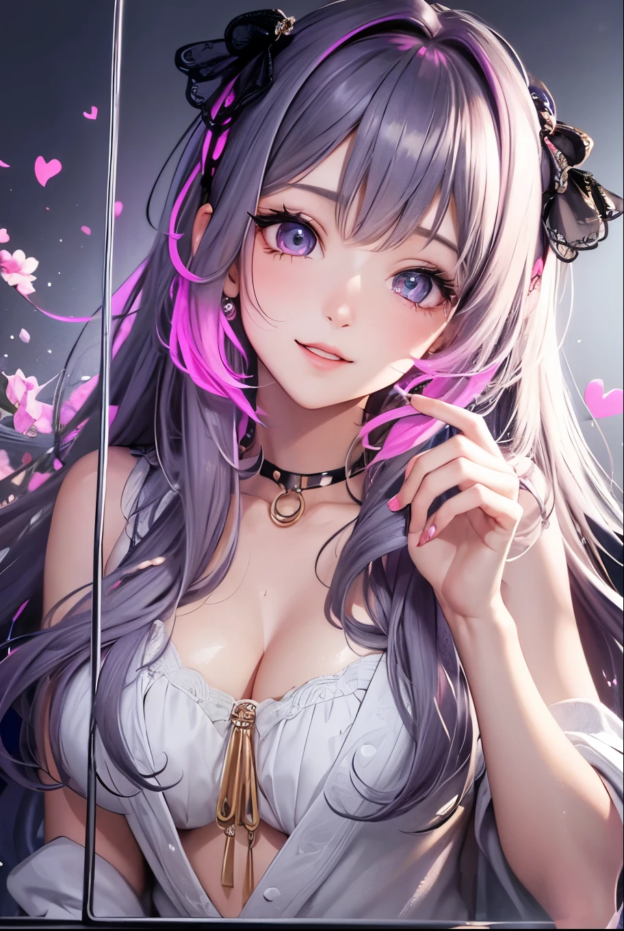 masterpiece, best quality, highly detailed, high resolution, expensive resolution, high resolution, 4k, 8k, uniform 8k wallpaper, highly detailed CG, masterpiece, 2d, 3d, beautiful details, depth, fine texture, best quality: 1.3, perfectly focused, sharp. skin, him, very cute anime girl, her name is Mei, medium long hair, idol, after bath, bath towel, wet hair, expensive medium long hair, mole under eye looking at viewer, expensive, blush, mole, open lips, pink eyes, heart shaped choker, smiling face