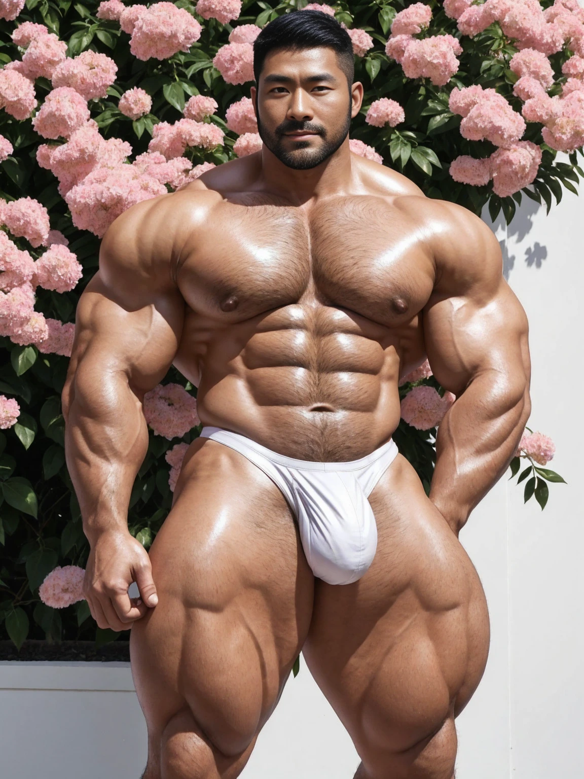 There is only one handsome Asian actor in the photo,35 years old,High target, Fitness,short hair, O-Shaped Beard,Perfect body, Dark skin color,Radiant Skin,Smooth skin,Shiny, shiny skin,Smooth pectoral muscles,No chest hair,No body hair,Muscle bulge, muscular, Very large pectoral muscles,Very sexy abdominal muscles,Very well-developed leg muscles,Huge concave and convex area,Brightens oily skin,Wearing a white leather shiny thong,Handsome face, Correct and accurate male body proportions, Wear white socks,Put your hands behind your back,Stand among the flowers,Flowers bloom all around。