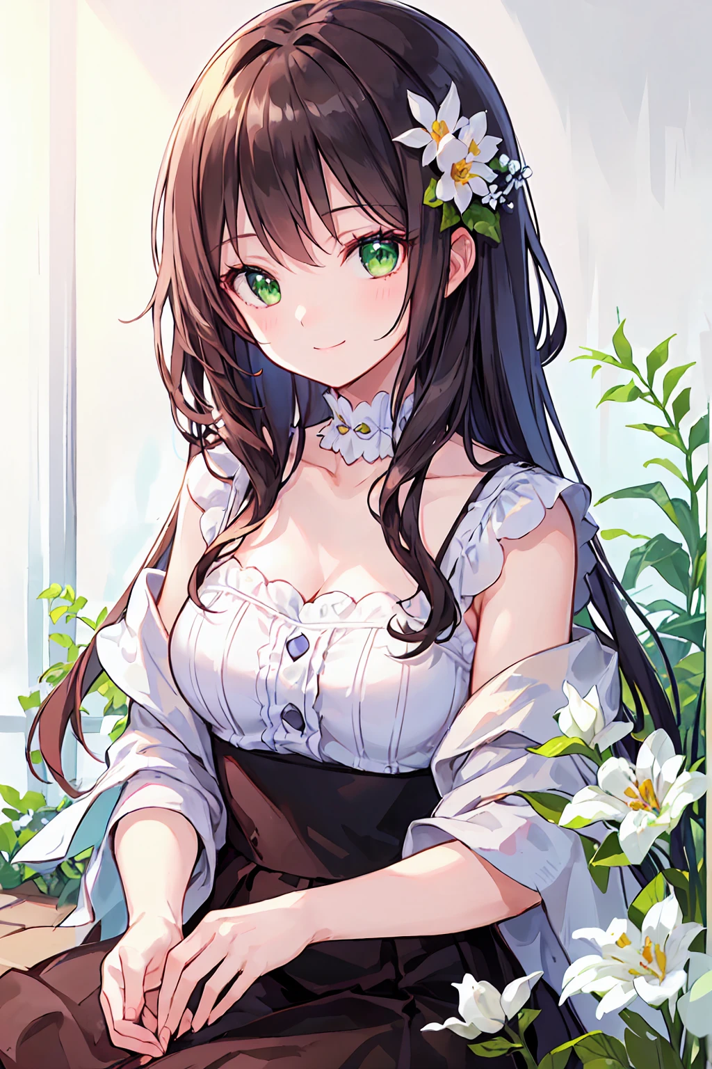 (masterpiece), (Highest quality), Ultra-high resolution, Sharp focus, Warm pastel tones, ((One mature woman, alone)), Upper Body, Mid-range long shot, MLS, Beautiful detailed hair, Chestnut Hair, Disheveled long hair, Beautifully detailed face, ((Beautiful eye shape, Green Eyes)), Perfect feminine face, smile, smile, View your viewers,Feminine lightweight dress, On a beautiful morning, Beautiful flower sitting on the ground in a meadow
