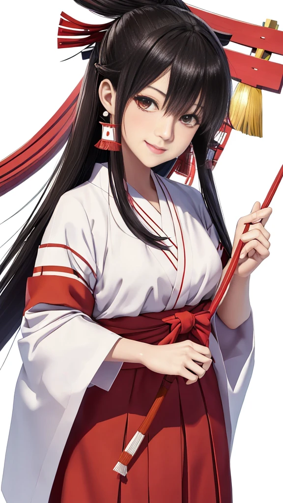 The image shows an illustrated character, likely from an anime or manga. The character has long dark hair and is wearing a traditional shrine maiden (miko) outfit, consisting of a white top (haori) with red accents and a red skirt (hakama). The character is holding what appears to be a bow without the string, and there are white ribbon-like effects surrounding the character, suggesting movement or a magical element. The face of the character has been pixelated to obscure it. The character has no accessories. Please create the new illustration in a soft, pencil-drawn style based on this description. With a smile on your face