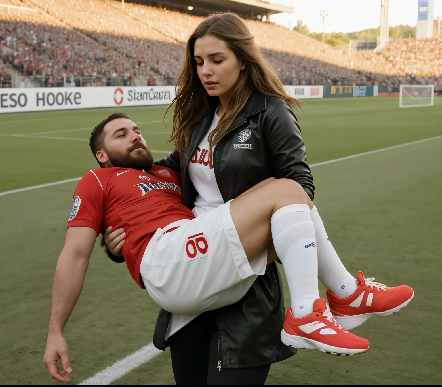 a passed out bearded man is being carried, a fainted bearded man is carried by a girl, a consciousless bearded man gets carried by a woman, , a woman and a bearded man, Andrea carries the wounded man's body in her hands, Andrea grabs his legs and his body with her hands, the bearded man in Andrea's arms is visibly in pain, stadium atmosphere, the bearded man is lying consciousless in Andrea's arms with one arm hanging down, A scene at a soccer stadium, a bearded man lying in a caring women's arms, lying helpless in her arms with his head dangling down, he has one arm dangling down while being carried in the women's arms, There is an attractive and heavily made-up woman in a long black leather coat, A pretty woman in a shiny black leather coat on a soccer field, A wonderful woman is holding a passed out man, A man in matt and roughened sportswear is held diagonal in her arms, a man in a woman's arms and lets one arm dangling down, we see the man held in front of the woman's body, the man is cradled in the woman's arm while being carried, the beautiful woman is exceptionally heavily made up and has an extremely desperate and very angry expression on her face, high-resolution photo, realistic sports photo, soccer scene, woman in black shiny long leather coat, injury scene, real photo, ultra realistic, high definition, sports photography