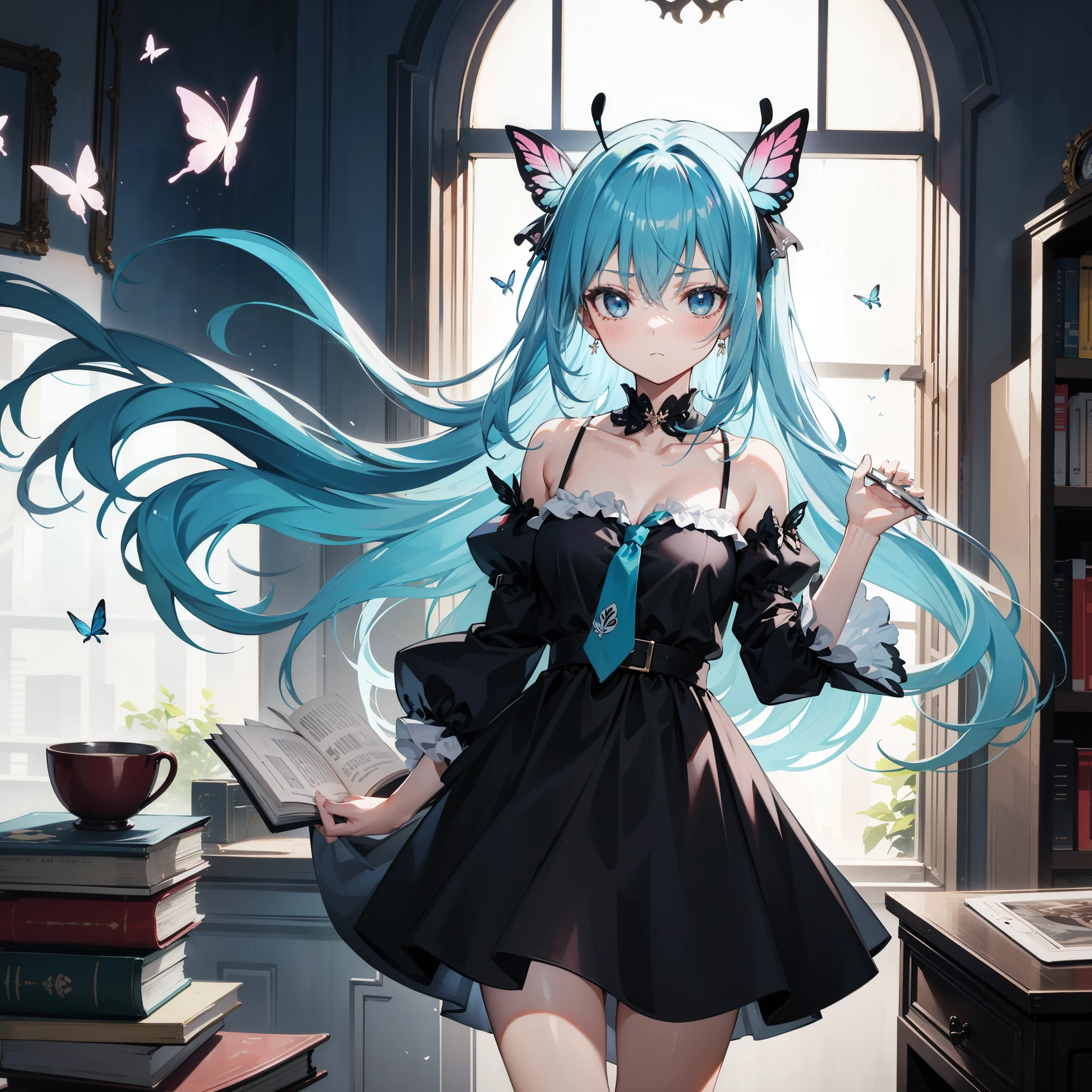 rating:safe, 1girl, long_hair, solo, butterfly, book, insect, bug, window, detached_sleeves, holding, looking_at_viewer, blue_eyes, blush, dress, aqua_hair, collarbone, holding_book, eyebrows_visible_through_hair, day, necktie, frown, hair_between_eyes, black_dress, closed_mouth, indoors, long_sleeves, very_long_hair