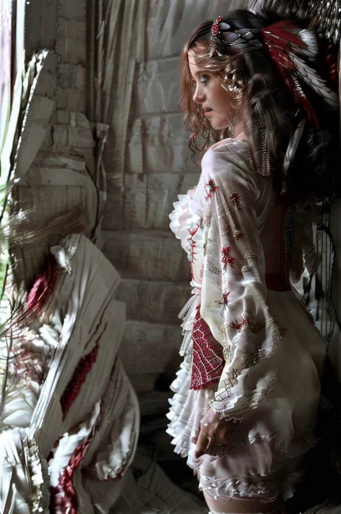 ((чрезвычайно подробные обои CG Unity 8k)), masterpiece, ultra detailed, Floating, A high resolution, sexually suggestive, (Small, ridiculously long white hair, Princess, White Mage, Blue eyes, (ornate long white and red sheer layered dress with long wide sleeves and intricate embroidery.), bridal veil, diadem, wedding mittens, blushing, shy, arched back, petticoat with ruffles, ornate corset,