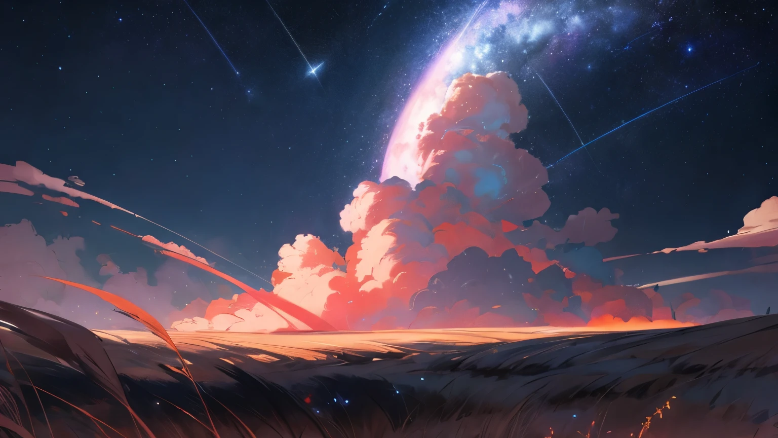 A Stunning Minimalist Landscape Painting,Depicts a starry night sky with sparse clouds, Tall Grass, and meteors, Shinkai Makoto style, Detailed digital art, Vibrant colors, Dramatic Lighting, 8k resolution.