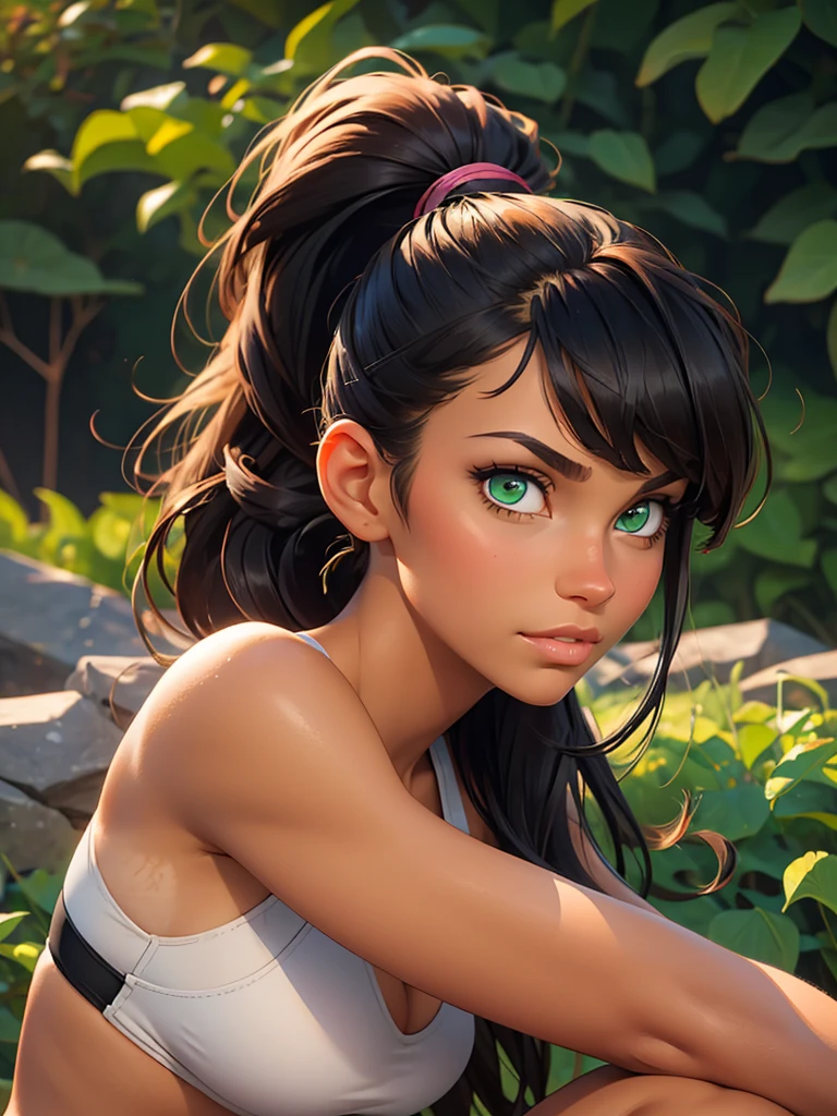 (best quality), 1girl, female, bronze skin, black hair, high ponytail, side swept bangs, long hair, green eyes, perfect eyes, tan lines, athletic, smug, masterpiece, anatomically correct, highres
