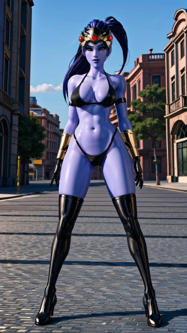 1girl, spread legs,red nipples, hanging breasts, violet hair, ponytail hair, yellow eyes, (blue skin:1.2),torpedo breast,( black head mounted visor:1.5),  dark lips, lewd bikini, hands behind back, cameltoe, looking at viewer, outside, city street, sexy pose, nsfw, slut, full body