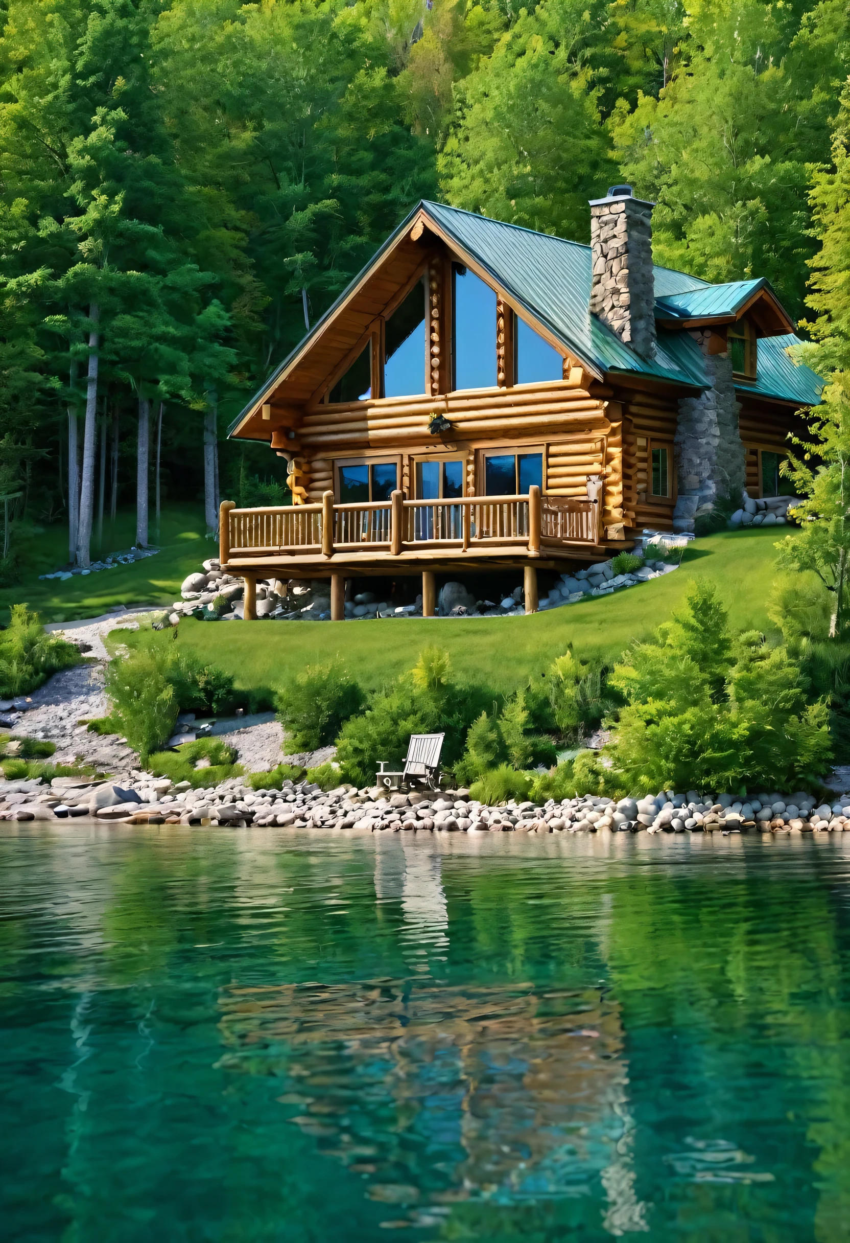 A stunning log cabin, nestled on a secluded lakeshore, exudes an air of rustic luxury. The cabin's warm wood exterior blends seamlessly with the surrounding nature, creating a sense of harmony and tranquility. The crystal-clear lake reflects the sky, creating a breathtaking vista.