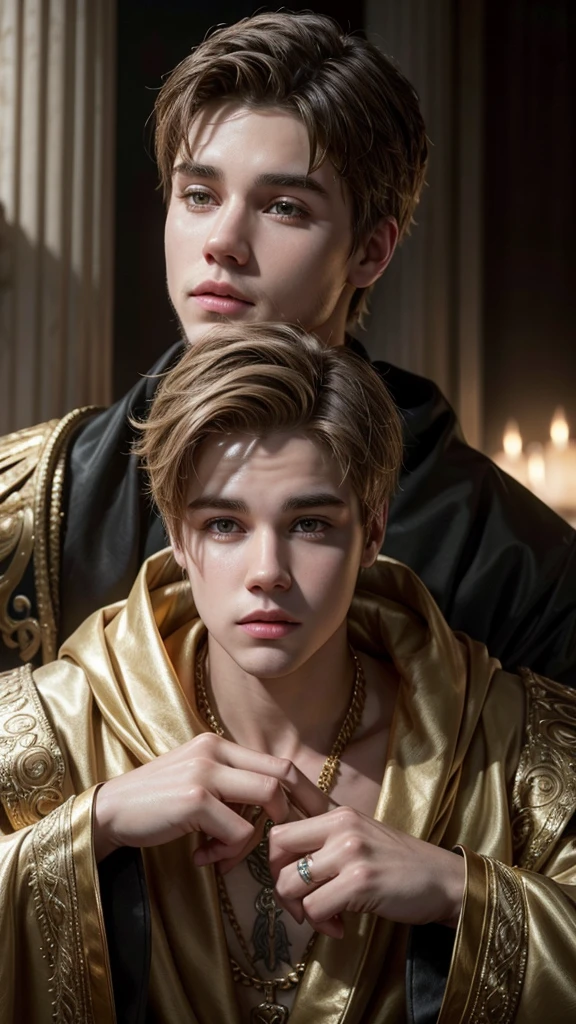 realistic photo of a masculine justin bieber as an alpha greek god worshipped by peasants, worship, fawning, diamonds, robes, holy, godly, god-like, 4k ultra hd, the chosen one, all powerful, photorealistic