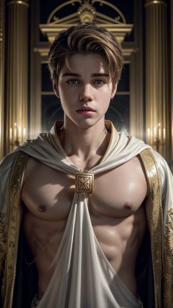 realistic photo of a masculine justin bieber as an alpha greek god worshipped by peasants, worship, fawning, diamonds, robes, holy, godly, god-like, 4k ultra hd, the chosen one, all powerful, photorealistic