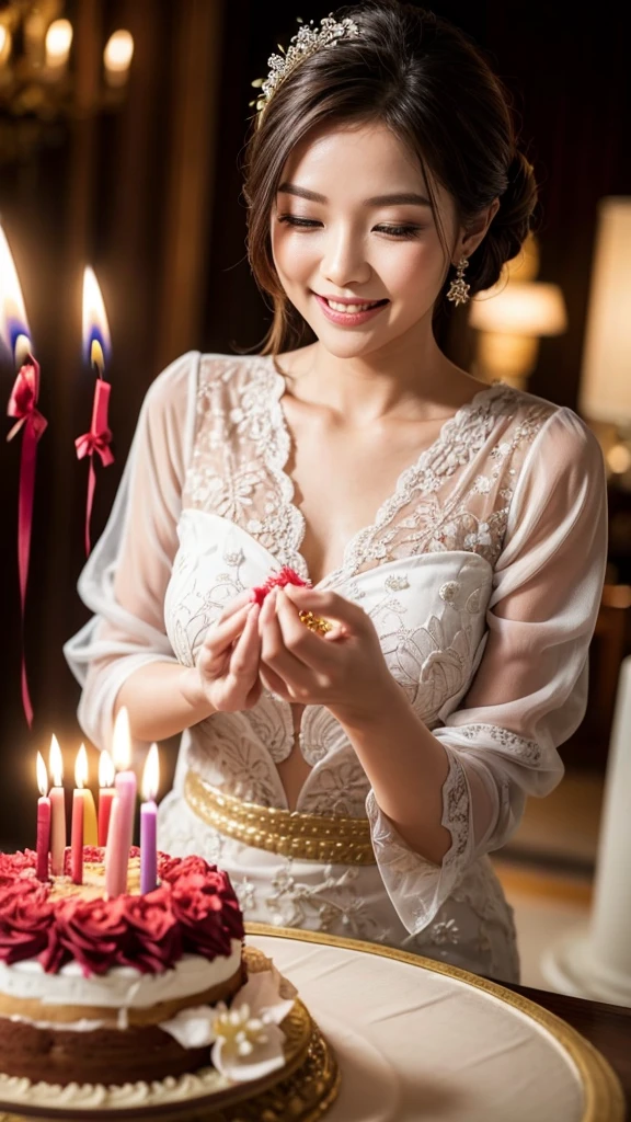Woman in kebaya smiling blowing out candles from birthday cake. In front of the woman there was a birthday cake