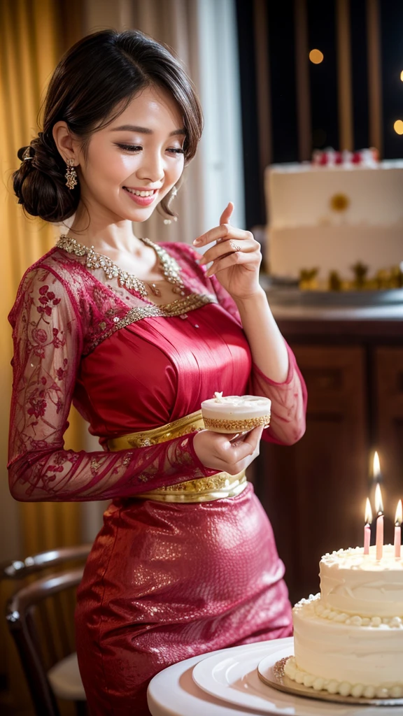 Woman in kebaya smiling blowing out candles from birthday cake. In front of the woman there was a birthday cake