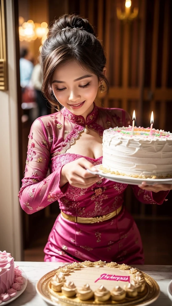 Woman in kebaya smiling blowing out candles from birthday cake. In front of the woman there was a birthday cake