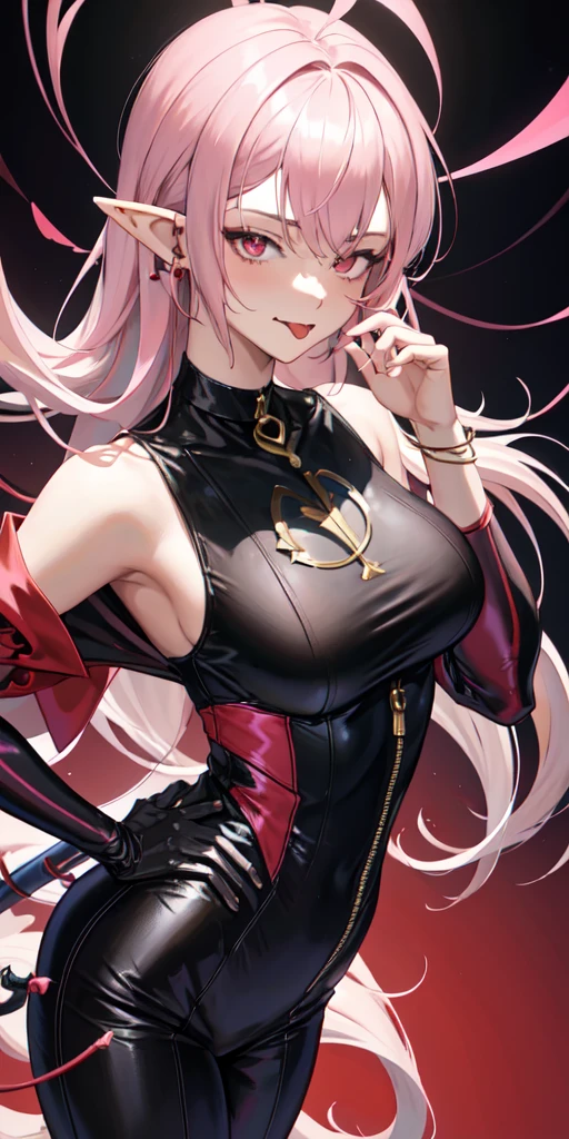 (arte anime, work of art, best qualityer, 4K, Icon), Tall and Very Handsome Elf Boy, Short White Hair, Stellar Red Eyes, Cute Bat Wings Behind the Back in Pink, Fitted Body Blouse with Sleeveless Roll Collar in Black with Red Outline Zipper from Top to Bottom, Black Heart Choker, Black Sweatshirt Over Loose Elbow Length, Red Glitch Distorted Reality Background, masculine, elf boy, handsome male, Hand Touching Cheek, winking an eye, tongue out.