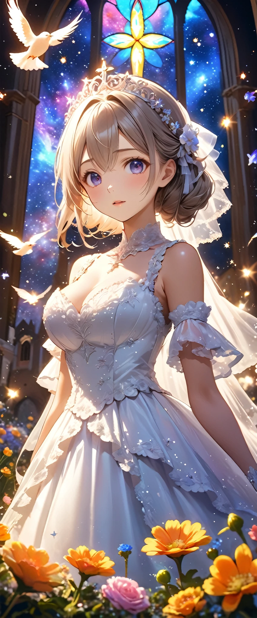 Highest quality, Super quality, 16K, Incredibly absurd, Very detailed, 2.5D, delicate and dynamic, church, Brightly colored stained glass, Small faint lights and flying fireflies, night, Starry Sky, milky way, nebula, shooting star, Flowers, birds, wind and moon, Small face, Extremely delicate facial expression, Delicate eye depiction, Upper body close-up, erotic, sole sexy lady, healthy shaped body, 22 years old lady, bride, 170cm tall, huge firm bouncing busts, Colorful tiaras, A long wedding dress with a complex structure, Colorful long wedding dress, frilly see-through long wedding dress, super long cape from head