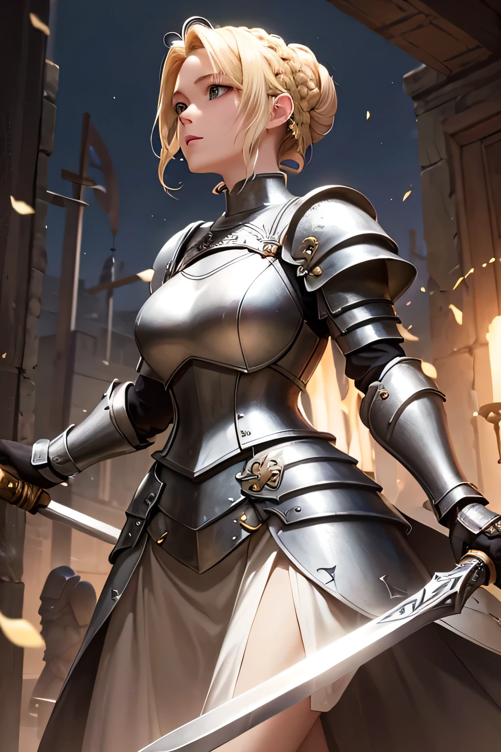 Beautiful 20 year old woman, (((blond updo))), holy knight, White Iron Armor、Swinging the Sword、battlefield