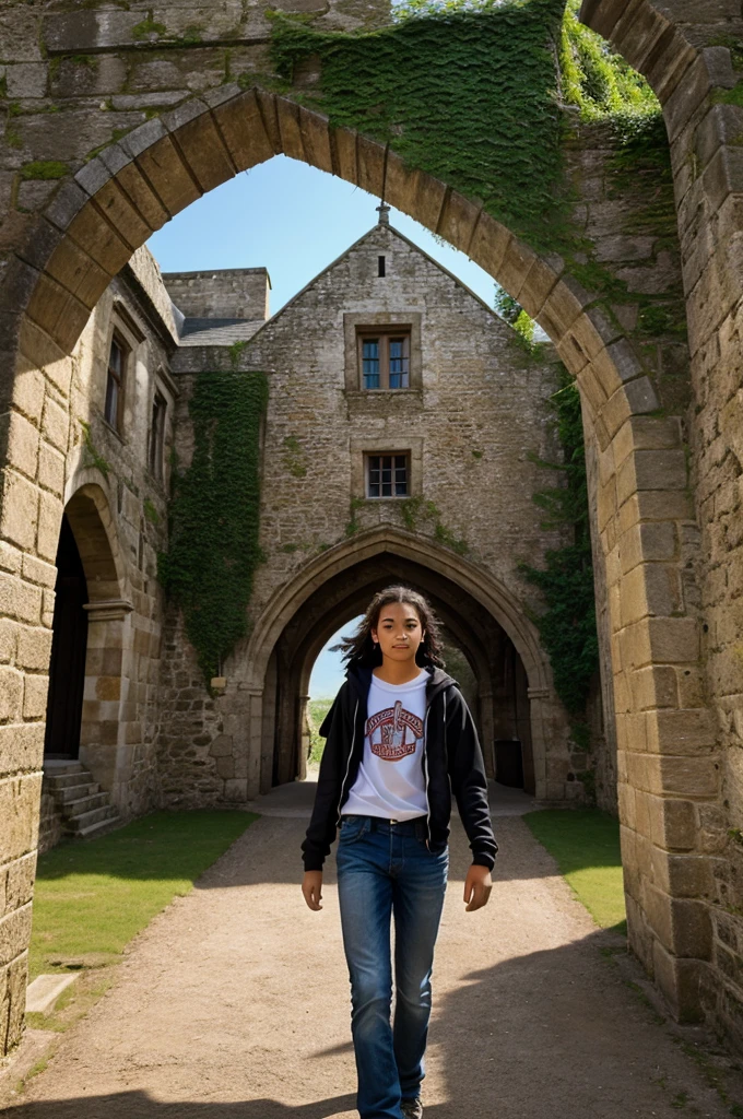 A ager walking into a castle and emoting energy