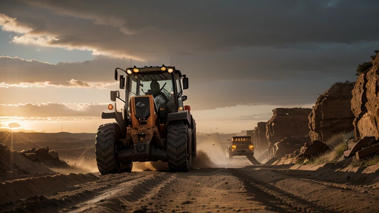raw, orange lonking wheel loader LG 833 sand desert rocky quarry, epic, absurdres, cinematic, dynamic view angle, volumetric lights, mist, cinematic, dutch angle, quarry, dust, volumetric lights, wet road after rain, mist, sunset, sun low on horizon, clouds