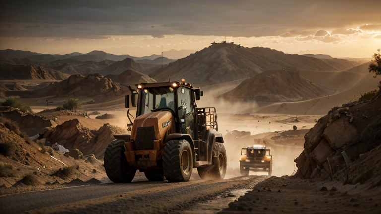 raw, orange lonking wheel loader LG 833 sand desert rocky quarry, epic, absurdres, cinematic, dynamic view angle, volumetric lights, mist, cinematic, dutch angle, quarry, dust, volumetric lights, wet road after rain, mist, sunset, sun low on horizon, clouds 