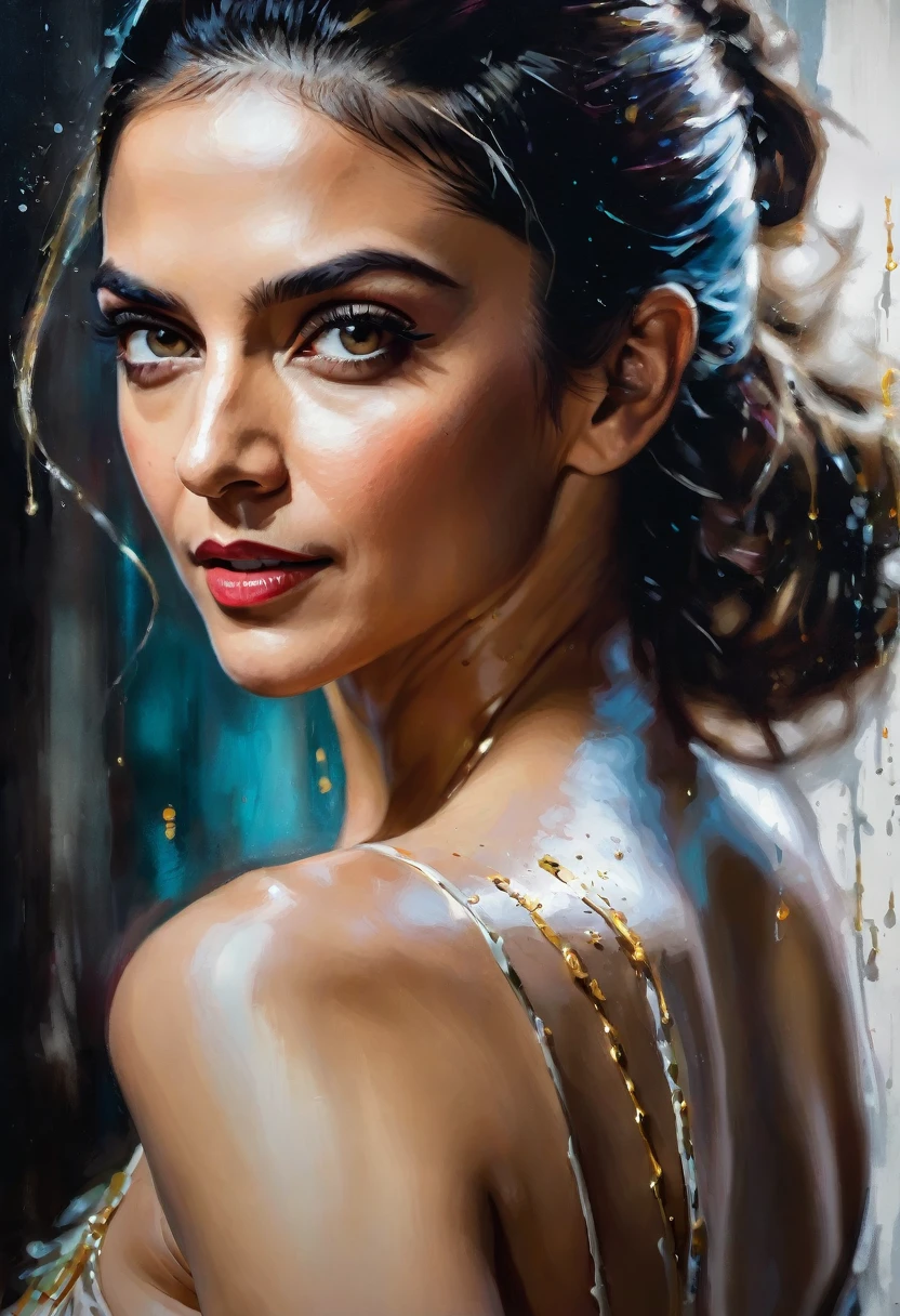 portrait of elegant beautiful Lebanon milf woman, Deepika Padukone, undercut hair, naked, cleavage, big buttock, perfect symmetric eyes, hyper realistic skin texture, realistic, award-winning photograph, rim ambient lighting, 8k, dslr, soft lighting, high quality, film grain, Fujifilm XT3, oil painting, heavy brushstrokes, paint drips, a breathtaking portrait of a Mozart, by Jeremy Mann, Carne Griffiths, Robert Oxley, rich, deep colors,layered image shaded by cells, golden ratio, award winning, professional,highly detailed, intricate, volumetric lighting, gorgeous, masterpiece, sharp focus, depth of field, perfect composition, award winner, artstation,