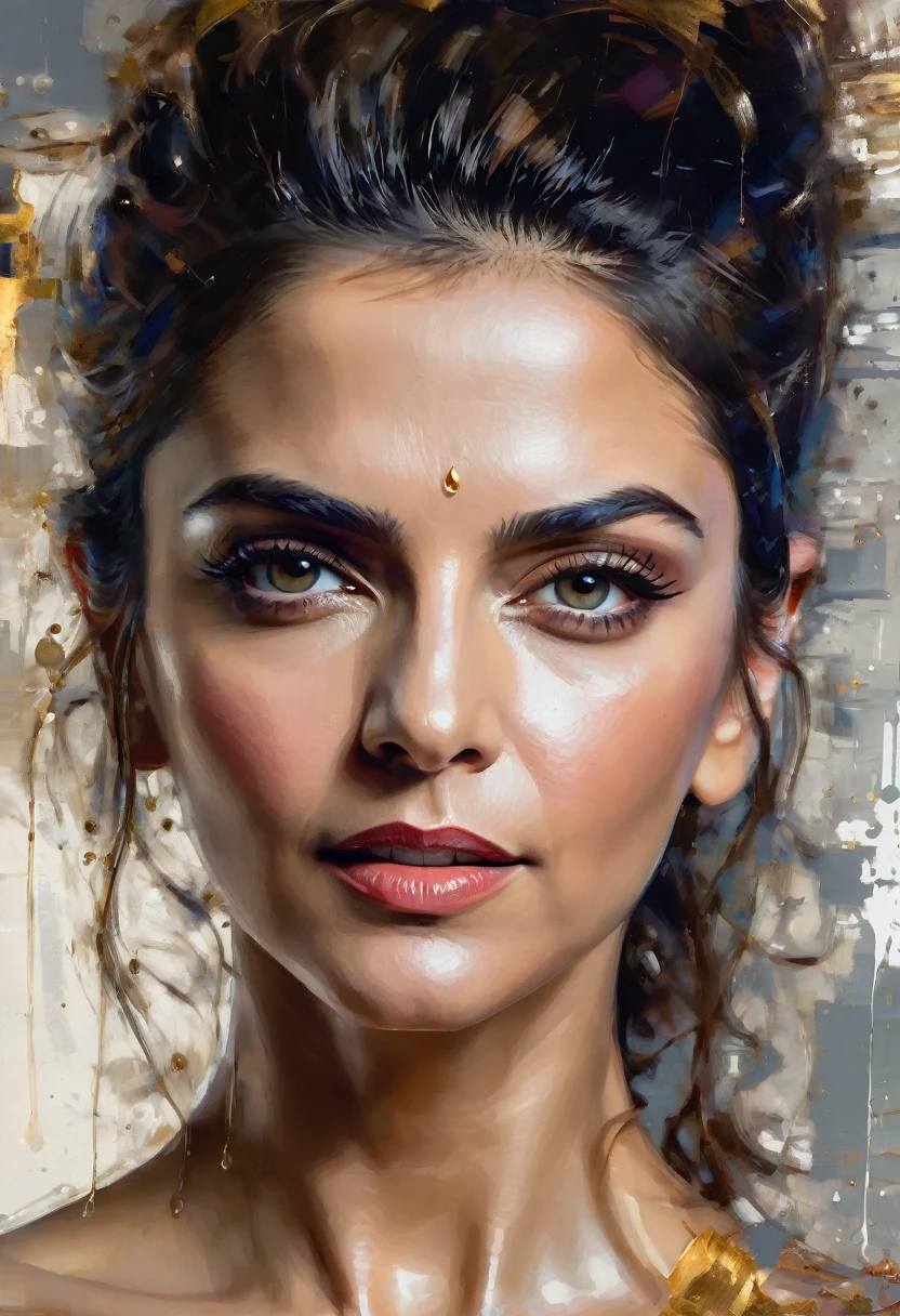 portrait of elegant beautiful Lebanon milf woman, Deepika Padukone, undercut hair, naked, cleavage, big buttock, perfect symmetric eyes, hyper realistic skin texture, realistic, award-winning photograph, rim ambient lighting, 8k, dslr, soft lighting, high quality, film grain, Fujifilm XT3, oil painting, heavy brushstrokes, paint drips, a breathtaking portrait of a Mozart, by Jeremy Mann, Carne Griffiths, Robert Oxley, rich, deep colors,layered image shaded by cells, golden ratio, award winning, professional,highly detailed, intricate, volumetric lighting, gorgeous, masterpiece, sharp focus, depth of field, perfect composition, award winner, artstation,