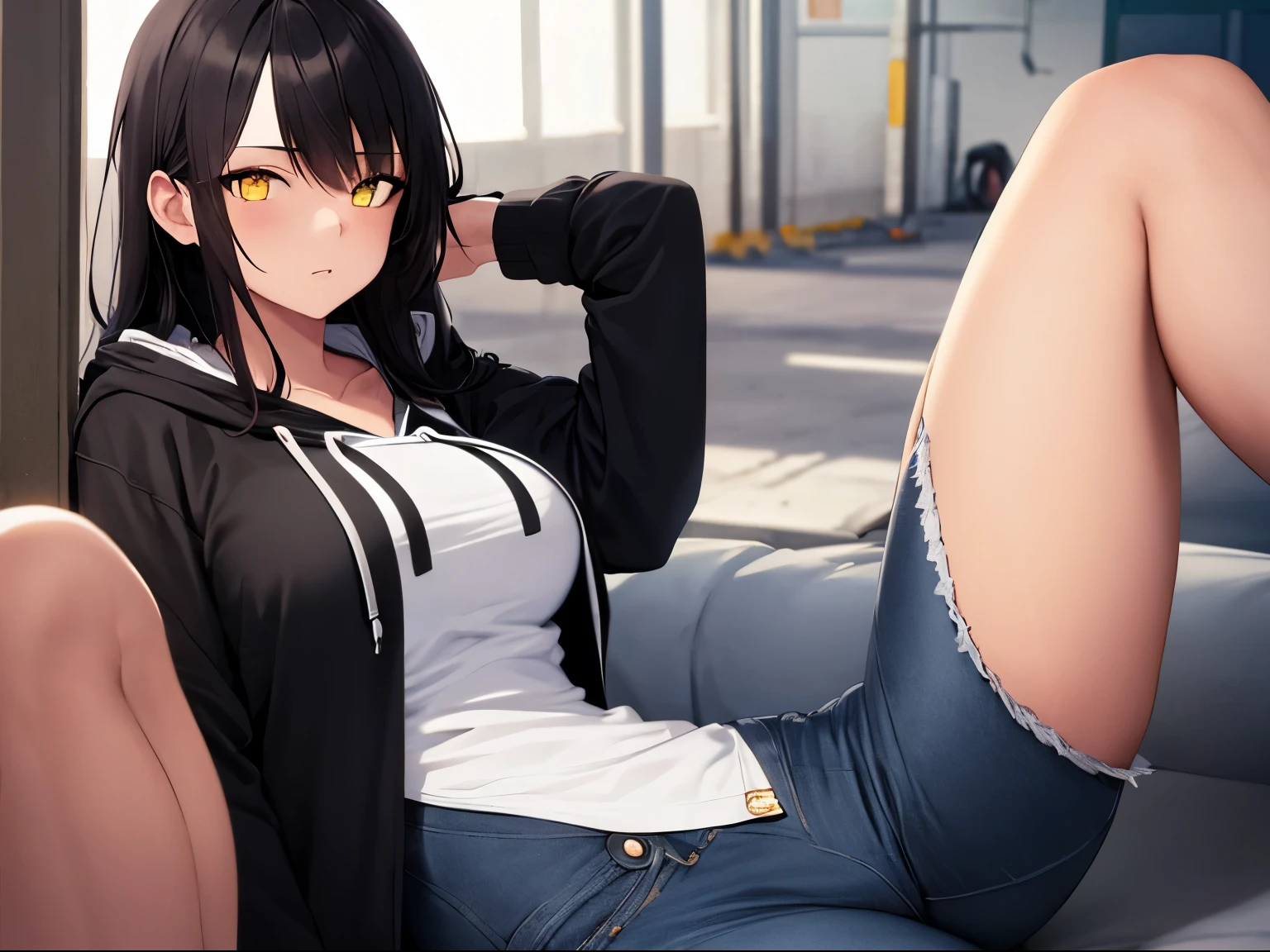 1girl, hoodie, long hair, short jeans, beautiful, detailed yellow eyes, highly detailed, finely detail, garage background