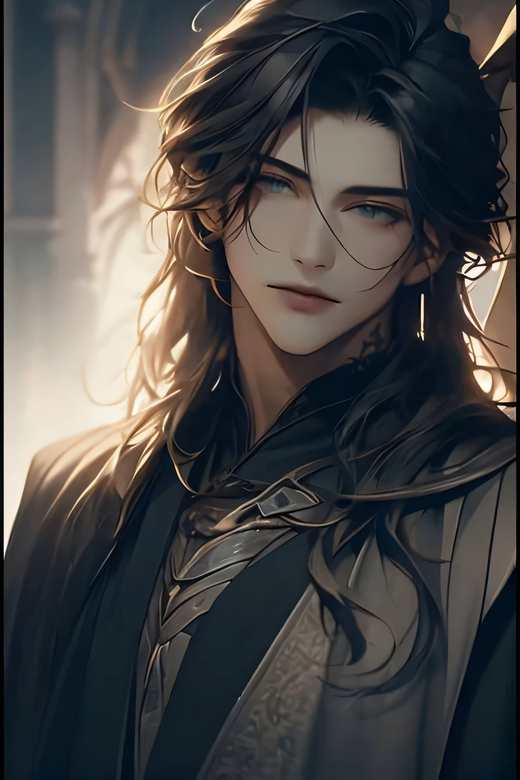 a close up of a person with long hair and a black jacket, beautiful androgynous prince, handsome guy in demon slayer art, delicate androgynous prince, by Yang J, beautiful character painting, stunning character art, with long hair and piercing eyes, artwork in the style of guweiz, stunning anime face portrait, fantasy male portrait, anime handsome man