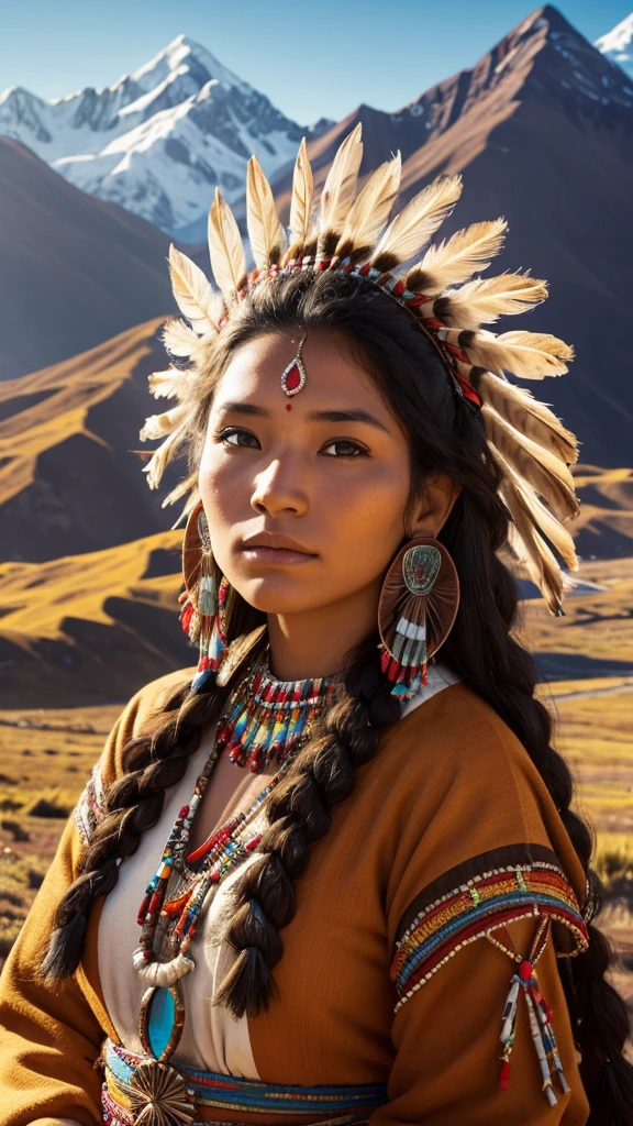 Highly detailed portrait of a very beautiful native american woman, evening sunshine, traditional dress, high resolution, hdr, close-up, andes mountain background,  