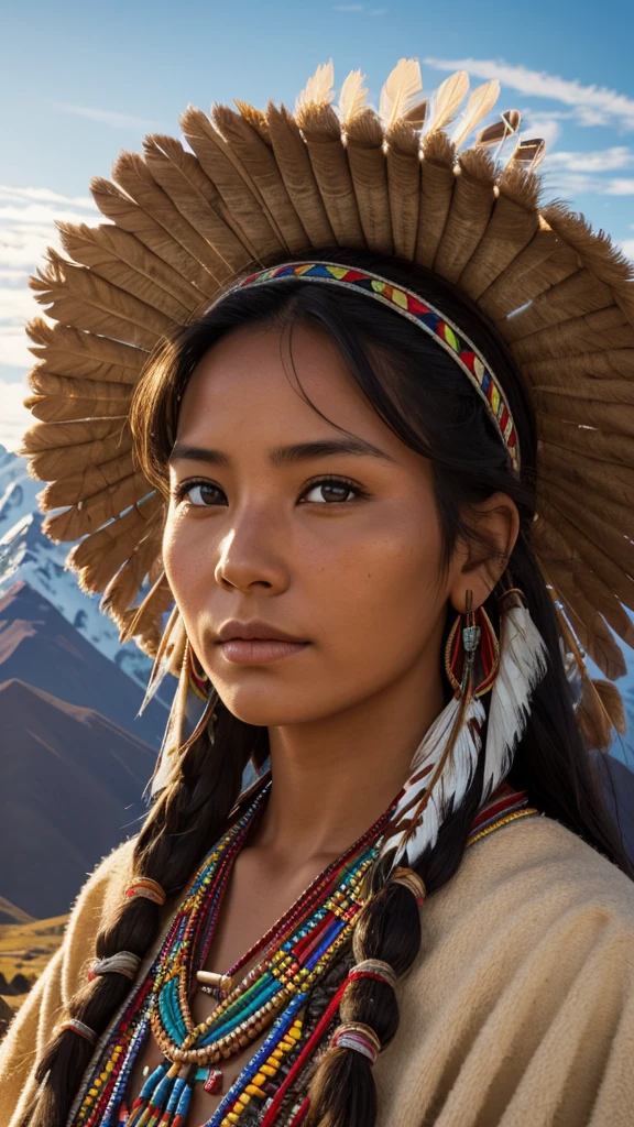 Highly detailed portrait of a very beautiful native american woman, evening sunshine, traditional dress, high resolution, hdr, close-up, andes mountain background,  